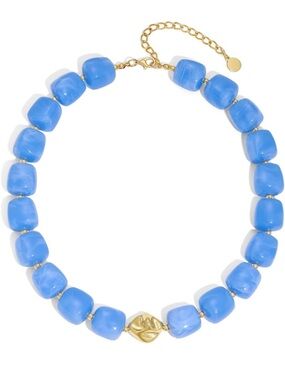 Sky-Blue Statement Beaded Necklace with Gold Charm